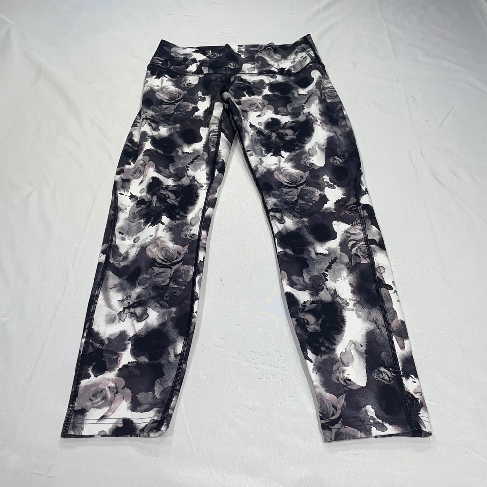 Lululemon Wunder Under High Rise Floral Watercolor Leggings Black White Size 10